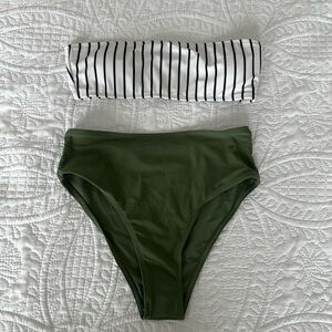 Striped Black and White Bikini Top with Green Bottom